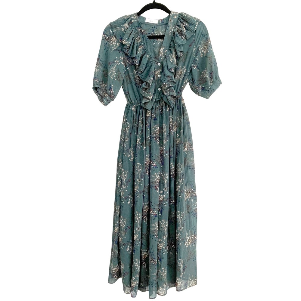 Joo Made in Korea Teal Floral Ruffle V-Neck Midi Dress Size XS / S Cottagecore